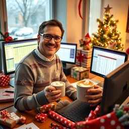 A cheerful accountant in a festive office during Christmas time, sitting at a desk cluttered with colorful wrapping paper, holiday decorations, and a glowing computer screen displaying festive spreadsheets
