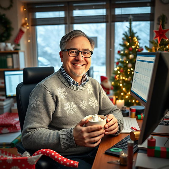 A cheerful accountant in a festive office during Christmas time, sitting at a desk cluttered with colorful wrapping paper, holiday decorations, and a glowing computer screen displaying festive spreadsheets