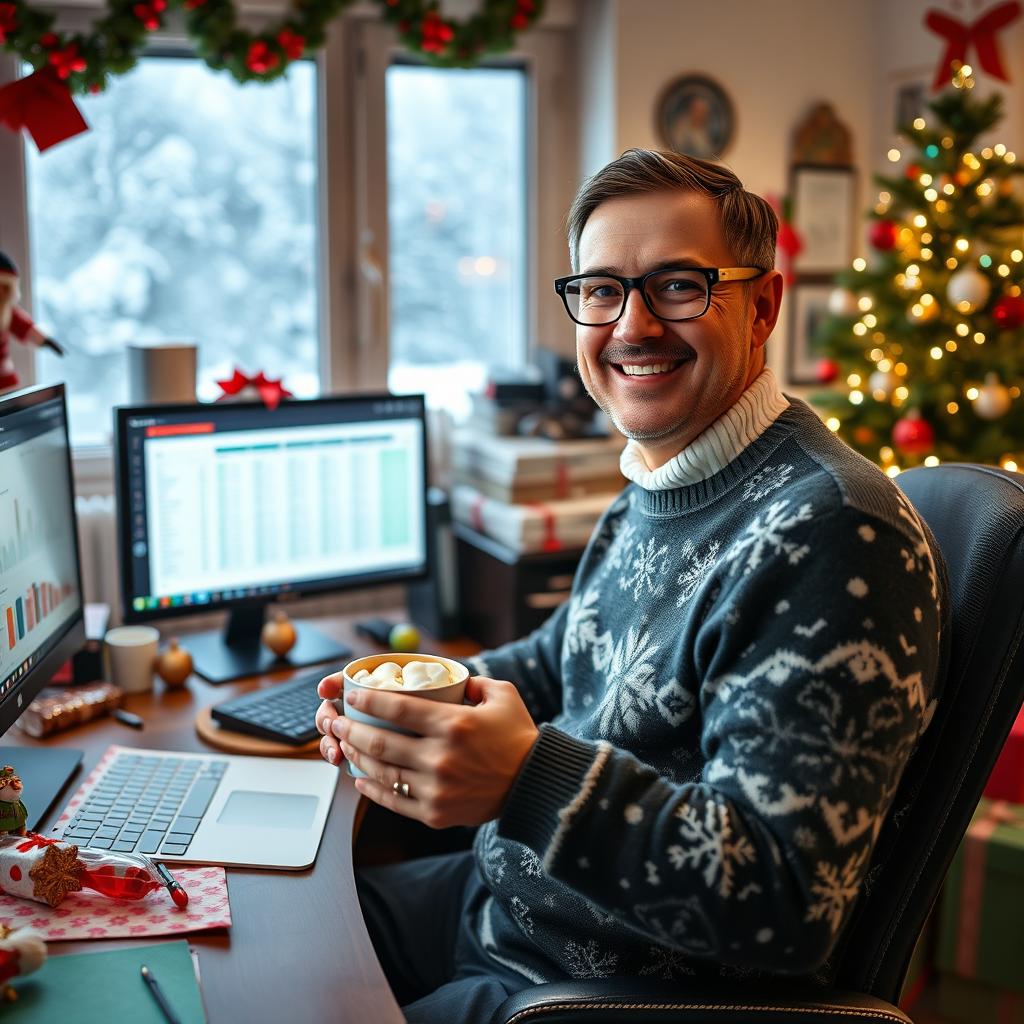 A cheerful accountant in a festive office during Christmas time, sitting at a desk cluttered with colorful wrapping paper, holiday decorations, and a glowing computer screen displaying festive spreadsheets