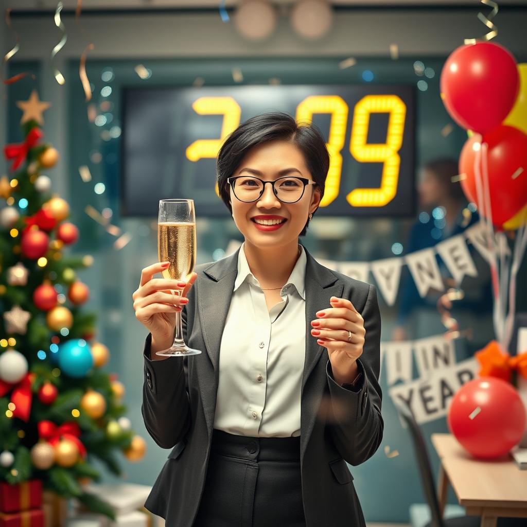 A cheerful accountant celebrating New Year’s Eve in a vibrant office setting