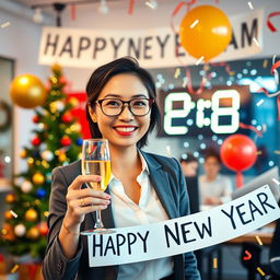 A cheerful accountant celebrating New Year’s Eve in a vibrant office setting