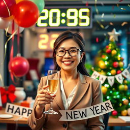 A cheerful accountant celebrating New Year’s Eve in a vibrant office setting