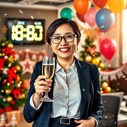 A cheerful accountant celebrating New Year’s Eve in a vibrant office setting