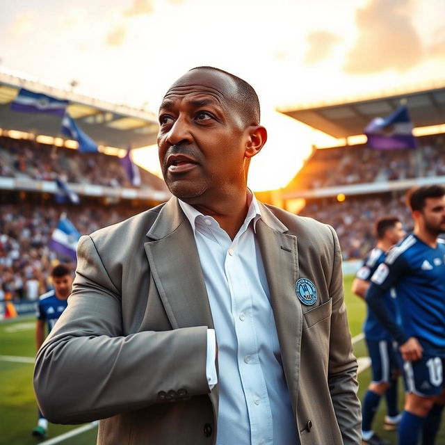 Pitso Mosimane as the head coach of Esteghlal Football Club, captured on the sidelines during an intense match