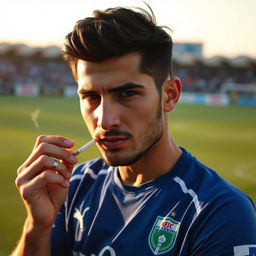An artistic portrait of Arash Rezavand, a player from Esteghlal Football Club, casually smoking a cigarette