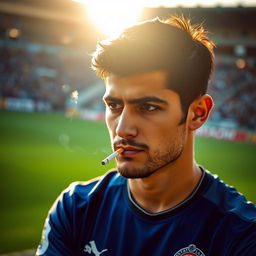 An artistic portrait of Arash Rezavand, a player from Esteghlal Football Club, casually smoking a cigarette