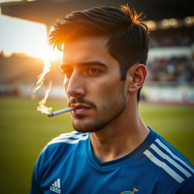 An artistic portrait of Arash Rezavand, a player from Esteghlal Football Club, casually smoking a cigarette