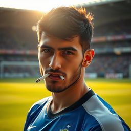 An artistic portrait of Arash Rezavand, a player from Esteghlal Football Club, casually smoking a cigarette
