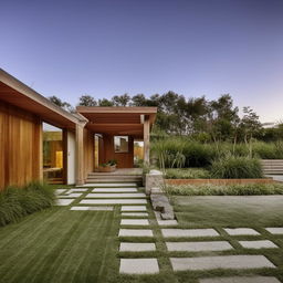 A modern, sleek and stylish home with clean lines and natural materials beautifully blending in with manicured landscaping