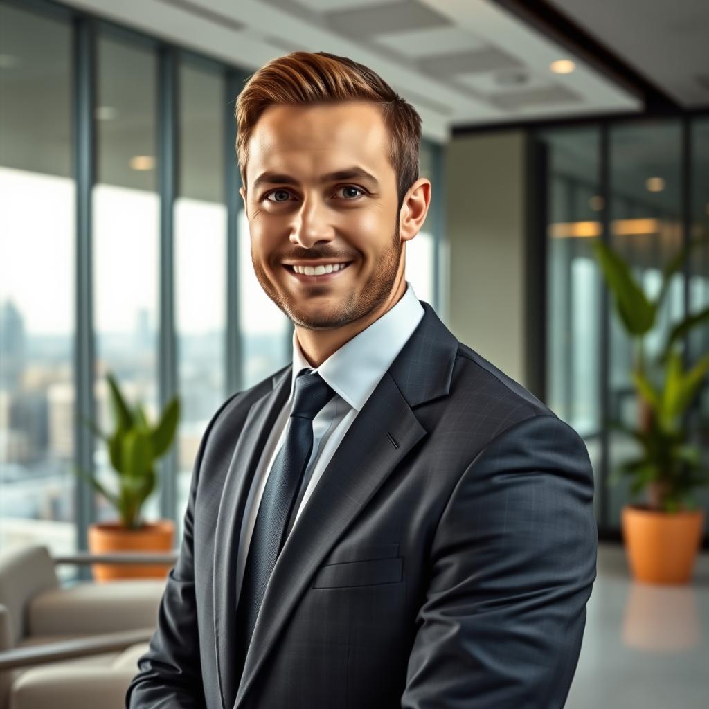 A professional portrait of a businessman, featuring a confident man in a well-tailored suit and tie, standing in a modern office environment