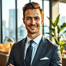 A professional portrait of a businessman, featuring a confident man in a well-tailored suit and tie, standing in a modern office environment