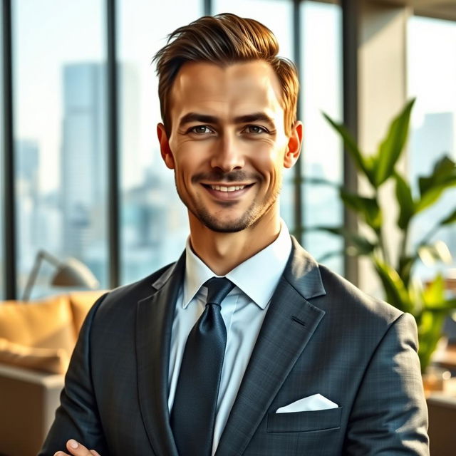 A professional portrait of a businessman, featuring a confident man in a well-tailored suit and tie, standing in a modern office environment