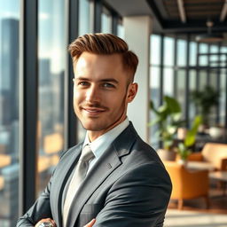 A professional portrait of a businessman, featuring a confident man in a well-tailored suit and tie, standing in a modern office environment