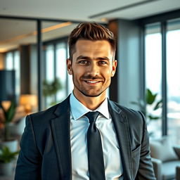 A professional portrait of a businessman, featuring a confident man in a well-tailored suit and tie, standing in a modern office environment