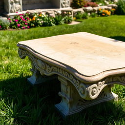 A beautifully crafted stone table, featuring intricate carvings and a polished surface, set in a serene outdoor environment with lush green grass and colorful flowers surrounding it