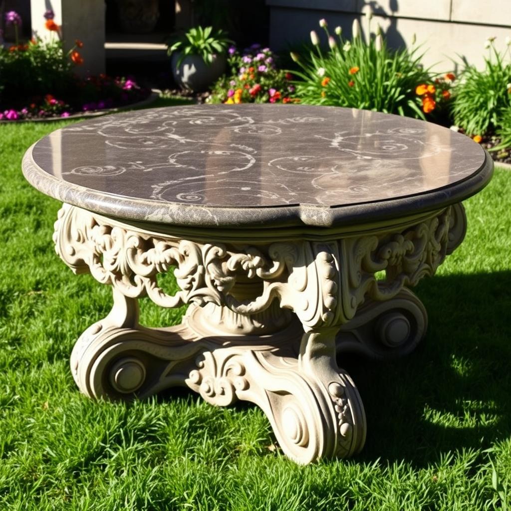 A beautifully crafted stone table, featuring intricate carvings and a polished surface, set in a serene outdoor environment with lush green grass and colorful flowers surrounding it