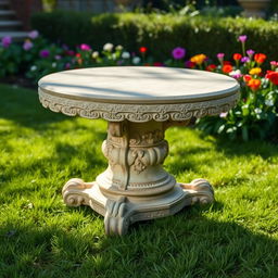 A beautifully crafted stone table, featuring intricate carvings and a polished surface, set in a serene outdoor environment with lush green grass and colorful flowers surrounding it