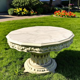 A beautifully crafted stone table, featuring intricate carvings and a polished surface, set in a serene outdoor environment with lush green grass and colorful flowers surrounding it