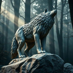 A majestic stone wolf sculpture, intricately carved to showcase every detail of its fur and features, standing proudly on a rocky outcrop