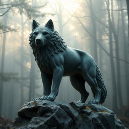 A majestic stone wolf sculpture, intricately carved to showcase every detail of its fur and features, standing proudly on a rocky outcrop