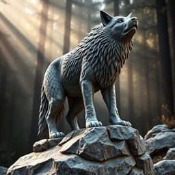 A majestic stone wolf sculpture, intricately carved to showcase every detail of its fur and features, standing proudly on a rocky outcrop