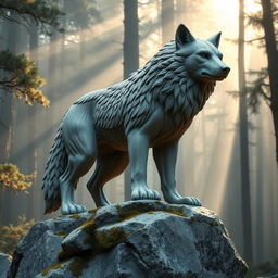 A majestic stone wolf sculpture, intricately carved to showcase every detail of its fur and features, standing proudly on a rocky outcrop