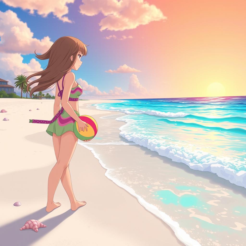 An anime girl standing on a beautiful beach, wearing a cute and colorful swimsuit, gazing at the horizon where the sun is setting