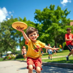 A vibrant street scene depicting a playful young boy with a mischievous grin, wearing a colorful t-shirt and shorts, playing with a frisbee in a sunny park