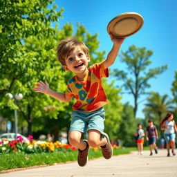 A vibrant street scene depicting a playful young boy with a mischievous grin, wearing a colorful t-shirt and shorts, playing with a frisbee in a sunny park
