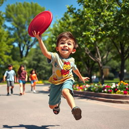 A vibrant street scene depicting a playful young boy with a mischievous grin, wearing a colorful t-shirt and shorts, playing with a frisbee in a sunny park