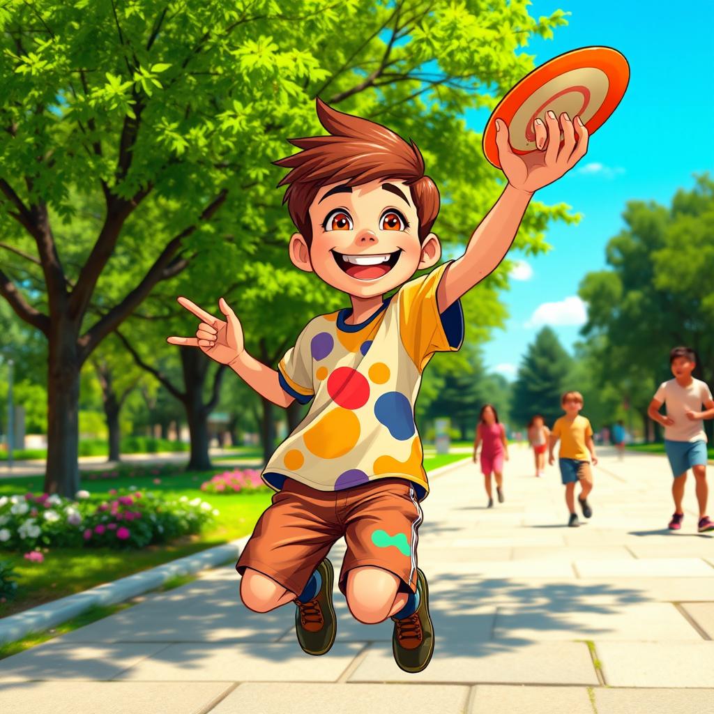 A vibrant street scene depicting a playful young boy with a mischievous grin, wearing a colorful t-shirt and shorts, playing with a frisbee in a sunny park