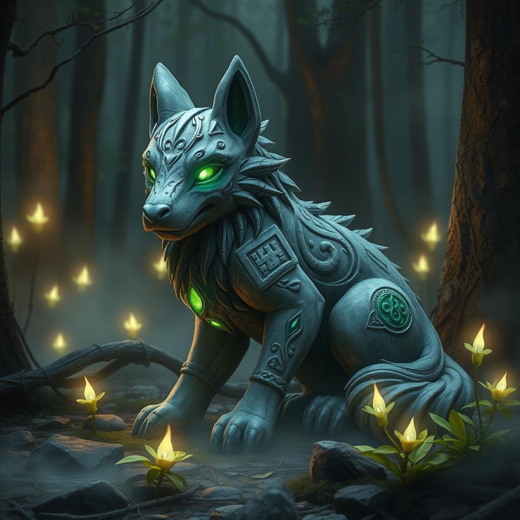 An enchanting scene featuring a mystical stone creature named Amistone, resembling a fusion between a wolf and a mythical being, crafted from textured stone