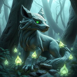 An enchanting scene featuring a mystical stone creature named Amistone, resembling a fusion between a wolf and a mythical being, crafted from textured stone