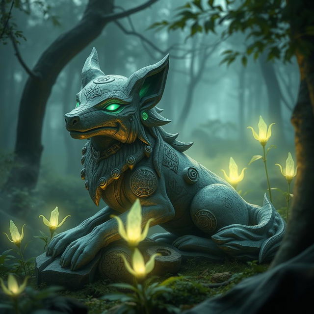 An enchanting scene featuring a mystical stone creature named Amistone, resembling a fusion between a wolf and a mythical being, crafted from textured stone