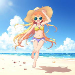 An anime girl joyfully playing on a sunlit beach, wearing a bright and playful swimsuit