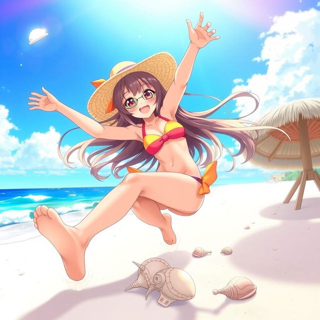 An anime girl joyfully playing on a sunlit beach, wearing a bright and playful swimsuit