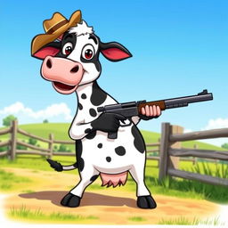 A cartoonish cow standing on its hind legs, confidently holding a cartoon-style gun in its hoof