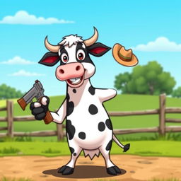 A cartoonish cow standing on its hind legs, confidently holding a cartoon-style gun in its hoof