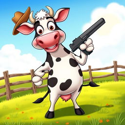 A cartoonish cow standing on its hind legs, confidently holding a cartoon-style gun in its hoof
