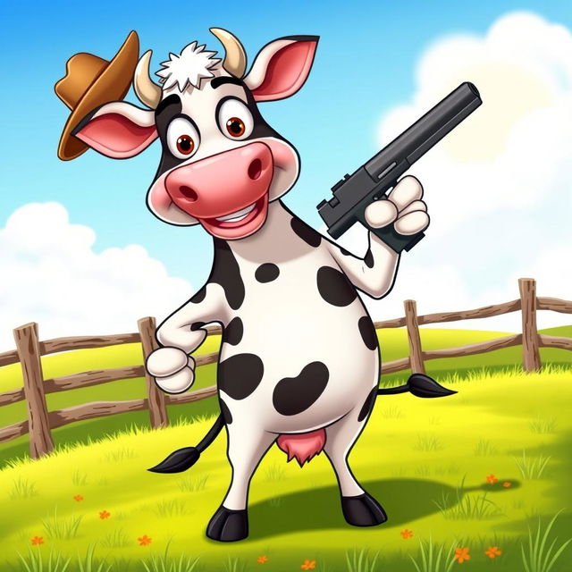 A cartoonish cow standing on its hind legs, confidently holding a cartoon-style gun in its hoof