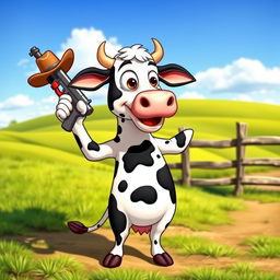 A cartoonish cow standing on its hind legs, confidently holding a cartoon-style gun in its hoof