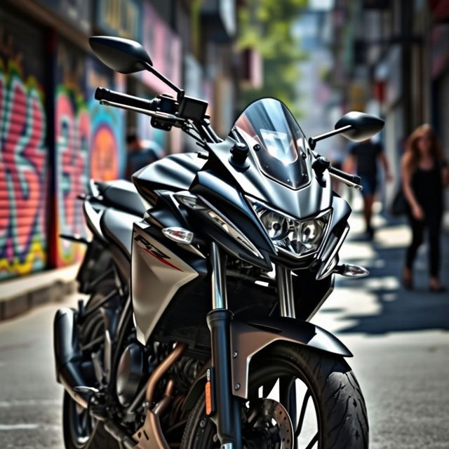 A Yamaha FZ V2 motorcycle showcased in a dynamic urban setting, featuring its sleek design with sharp lines, muscular fuel tank, and prominent headlamp