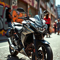 A Yamaha FZ V2 motorcycle showcased in a dynamic urban setting, featuring its sleek design with sharp lines, muscular fuel tank, and prominent headlamp