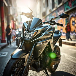 A Yamaha FZ V2 motorcycle showcased in a dynamic urban setting, featuring its sleek design with sharp lines, muscular fuel tank, and prominent headlamp
