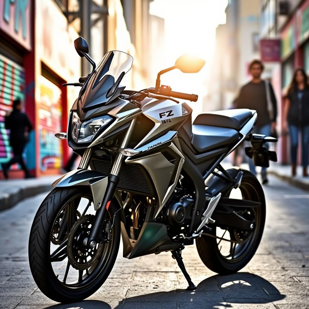 A Yamaha FZ V2 motorcycle showcased in a dynamic urban setting, featuring its sleek design with sharp lines, muscular fuel tank, and prominent headlamp