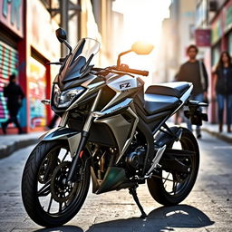 A Yamaha FZ V2 motorcycle showcased in a dynamic urban setting, featuring its sleek design with sharp lines, muscular fuel tank, and prominent headlamp