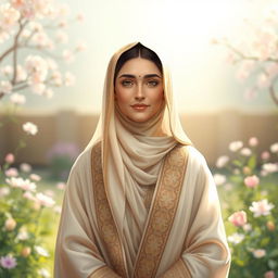 A serene and respectful depiction of Hazrat Fatimah (حضرت زهرا), characterized by her graceful presence and compassionate demeanor