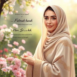 A serene and respectful depiction of Hazrat Fatimah (حضرت زهرا), characterized by her graceful presence and compassionate demeanor