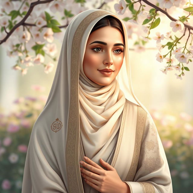 A serene and respectful depiction of Hazrat Fatimah (حضرت زهرا), characterized by her graceful presence and compassionate demeanor