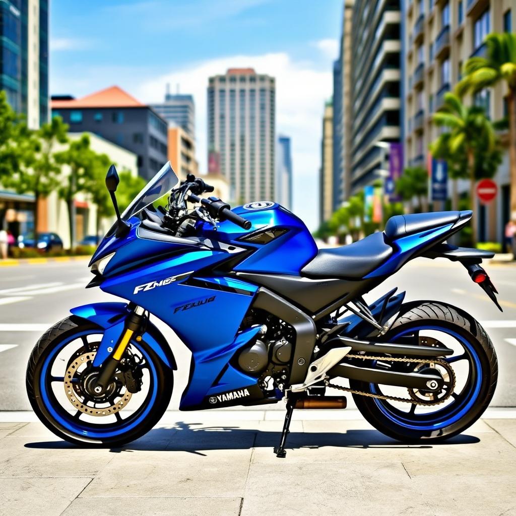 A stunning Yamaha FZ version 2 motorcycle parked in an urban setting, showcasing its sleek design and modern aesthetics